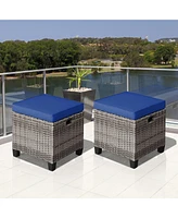 2PCS Patio Rattan Cushioned Ottoman Seat Foot Rest Table