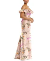 Alfred Sung Women's Off-the-Shoulder Ruffle Neck Floral Satin Trumpet Gown