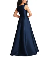 Alfred Sung Women's Boned Corset Closed-Back Satin Gown with Full Skirt and Pockets