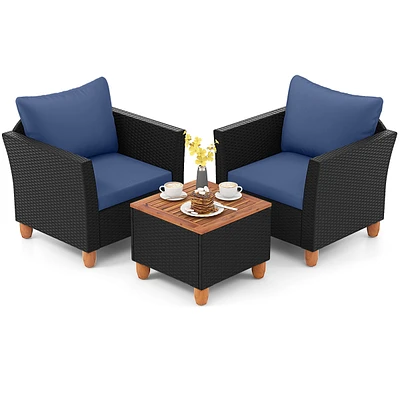 3PCS Outdoor Patio Rattan Furniture Set Wooden Table Cushioned Sofa