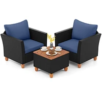3PCS Outdoor Patio Rattan Furniture Set Wooden Table Cushioned Sofa
