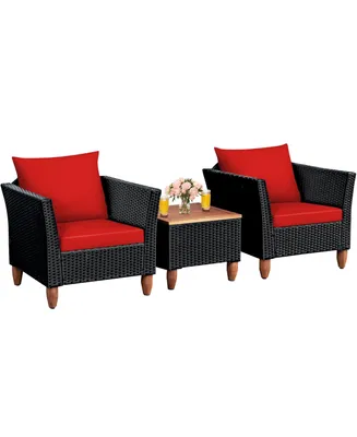 3PCS Outdoor Patio Rattan Furniture Set Wooden Table Cushioned Sofa