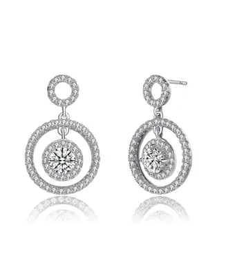 Genevive Sterling Silver White Gold Plated Clear Round Cubic Zirconia Three Halo Drop Earrings