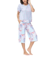 Ink+Ivy Women's Solid Short Sleeve T-shirt with Printed Capri 2 Piece Pajama Set