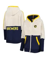 Women's G-iii 4Her by Carl Banks Oatmeal, Navy Milwaukee Brewers Shuffle It Raglan Full-Zip Hoodie