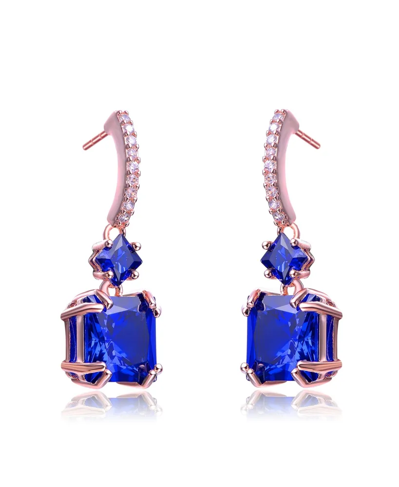 Genevive Cubic Zirconia Sterling Silver 18K Rose Plated Sapphire Square Shape Drop Earrings