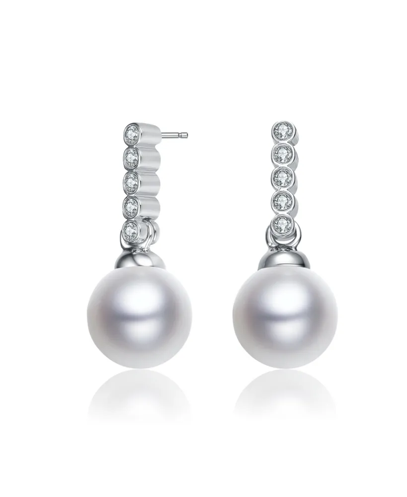 Genevive Sterling Silver with White Gold Plated White Round Pearl with Clear Round Cubic Zirconia Drop Earrings