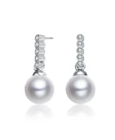 Genevive Sterling Silver with White Gold Plated White Round Pearl with Clear Round Cubic Zirconia Drop Earrings