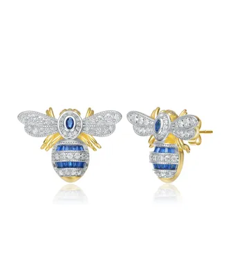 Genevive Sterling Silver 14k Yellow Gold Plated with Blue Sapphire & Cubic Zirconia Wasp Stud Earrings