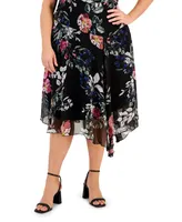Connected Plus Floral-Print Sleeveless Handkerchief-Hem Dress