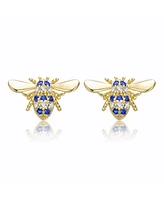 Genevive Sterling Silver Mini 14k Yellow Gold Plated with Cubic Zirconia Pave Wasp Stud Earrings