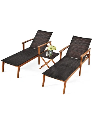 Costway 3PCS Patio Rattan Lounge Chair Chaise Set Wooden Frame Folding Table