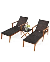 Costway 3PCS Patio Rattan Lounge Chair Chaise Set Wooden Frame Folding Table