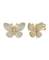 Genevive Sterling Silver 14k Yellow Gold Plated with Cubic Zirconia Butterfly Pave Earrings