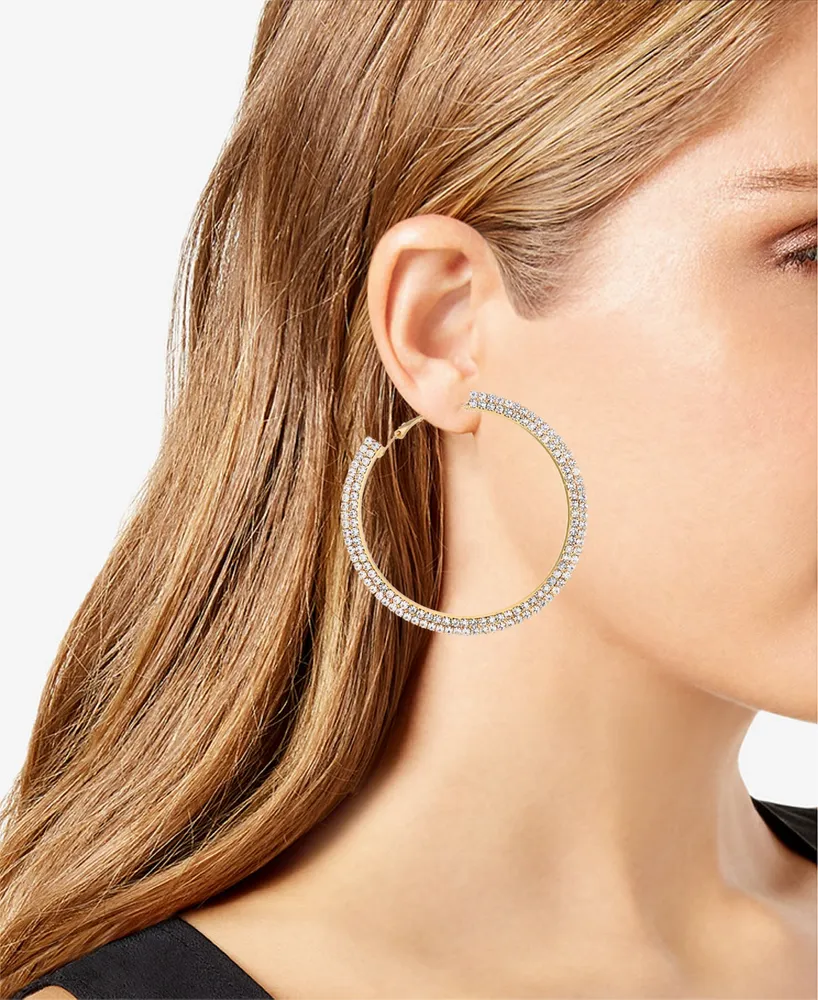 Guess Gold-Tone Crystal Flat Edge Large Hoop Earrings, 2.5"