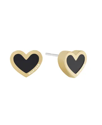 Tommy Hilfiger Black Enamel Heart Earrings in 18K Gold Plated