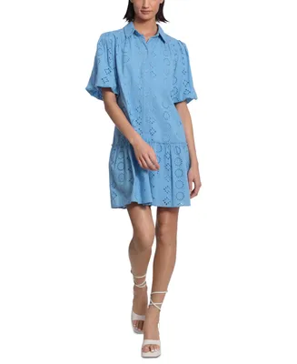 Donna Morgan Women's Collared Button-Front Eyelet Dress