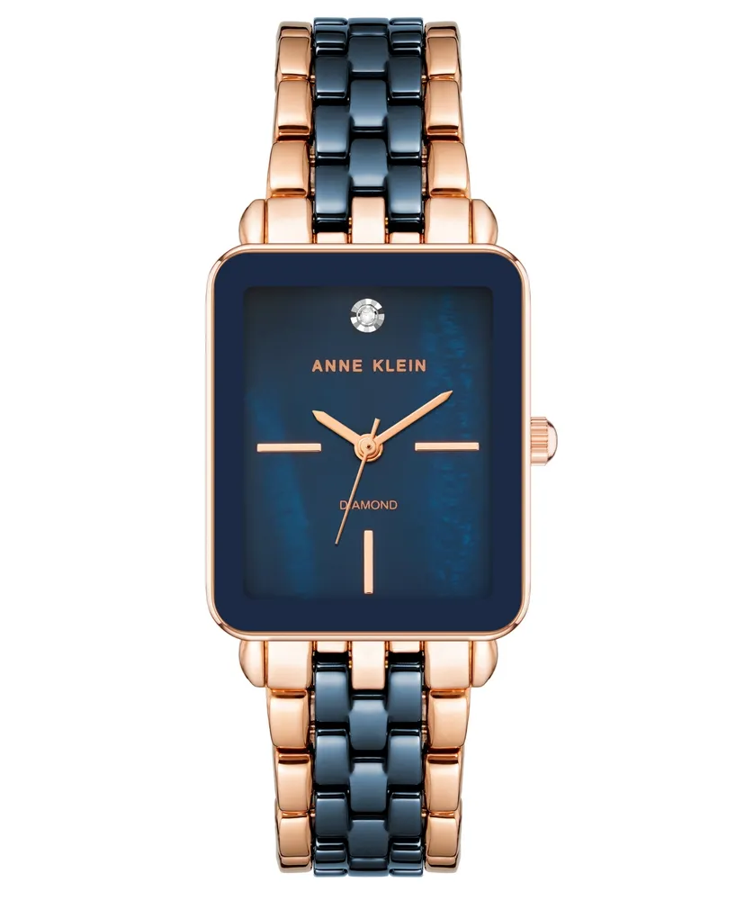 Anne Klein Women's Three Hand Quartz Rose Gold-tone Alloy and Navy Ceramic Link Bracelet Watch, 32mm - Rose Gold