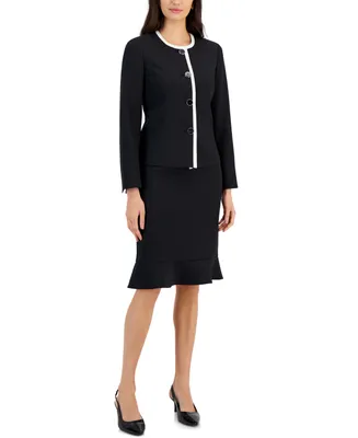 Le Suit Women's Framed Collarless Jacket & Flounce-Hem Skirt, Regular Petite