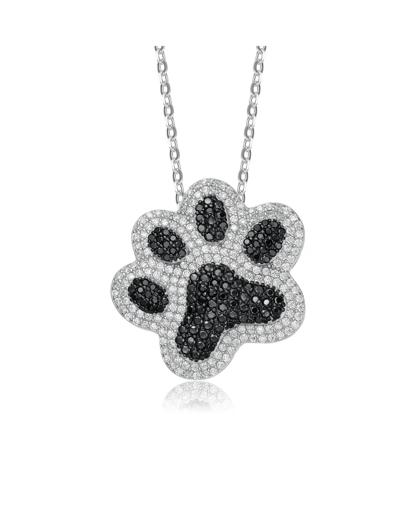 Genevive White Gold Plating with Black & White Cubic Zirconia Cat Dog Pet Paw Pendant Necklace in Sterling Silver