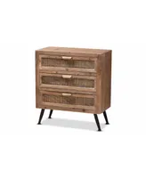 Baxton Studio Calida Mid-Century Modern 30.7" Whitewashed Finished Wood and Rattan 3-Drawer Storage Cabinet