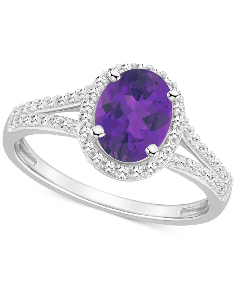 Amethyst (1-1/5 ct. t.w.) & Diamond (1/4 Oval Halo Split Shank Ring Sterling Silver (Also Citrine, Garnet, Peridot, Blue Topaz)