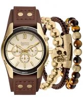 American Exchange Men's Brown Strap Watch 45mm Gift Set