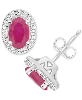 Emerald (1 ct. t.w.) & Diamond (1/6 Halo Stud Earrings Sterling Silver (Also Ruby Sapphire)
