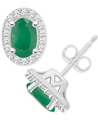 Emerald (1 ct. t.w.) & Diamond (1/6 Halo Stud Earrings Sterling Silver (Also Ruby Sapphire)