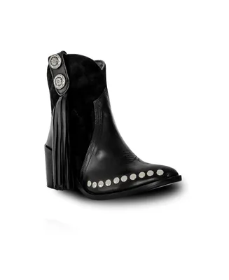 Women's Black Premium Leather And Suede Ankle Boots With Lateral Fringe And Silver Studs Tyro By Bala Di Gala