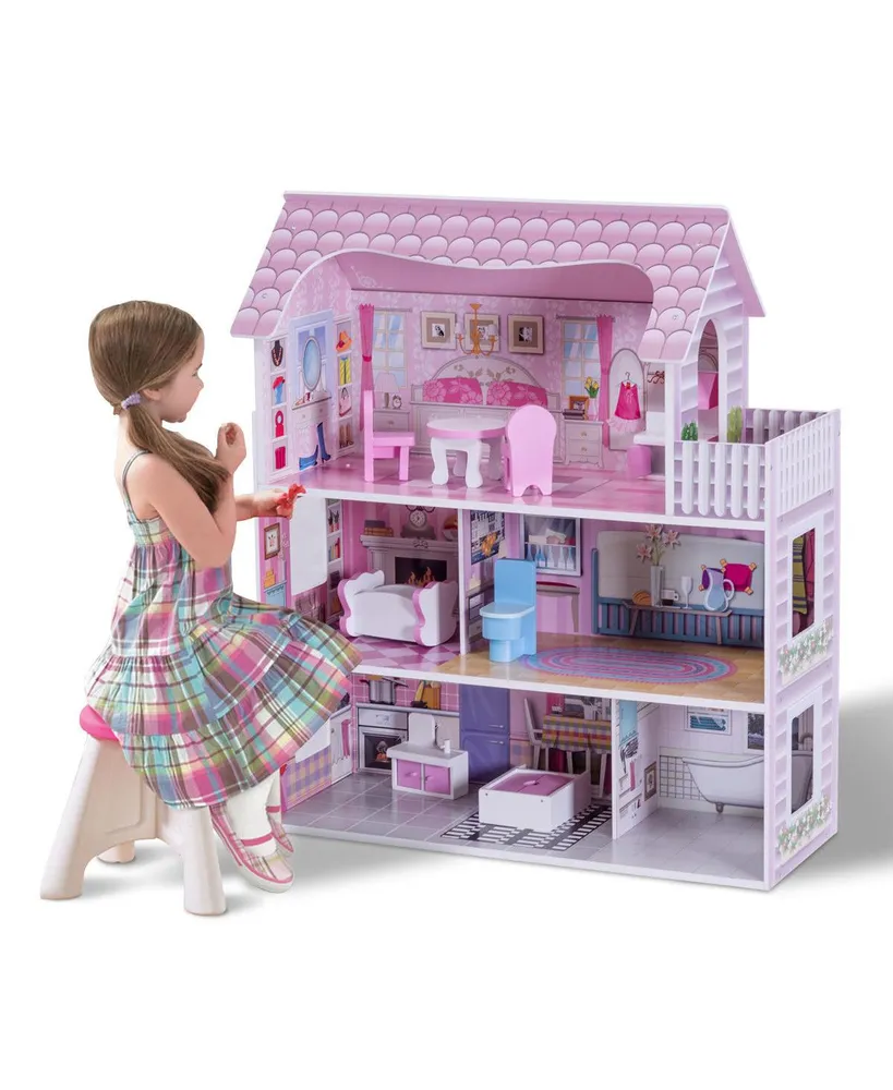 Costway 28'' Dollhouse w/ Furniture Gliding Elevator Rooms 3 Levels Young Girls Toy