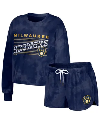 Women's Wear by Erin Andrews Navy Milwaukee Brewers Tie-Dye Cropped Pullover Sweatshirt and Shorts Lounge Set