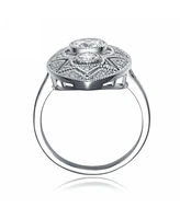 Genevive Sterling Silver Clear Round Cubic Zirconia Filigree Ring