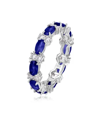 Genevive Sterling Silver White Gold Plated with Sapphire & Cubic Zirconia Chunky Eternity Band Ring