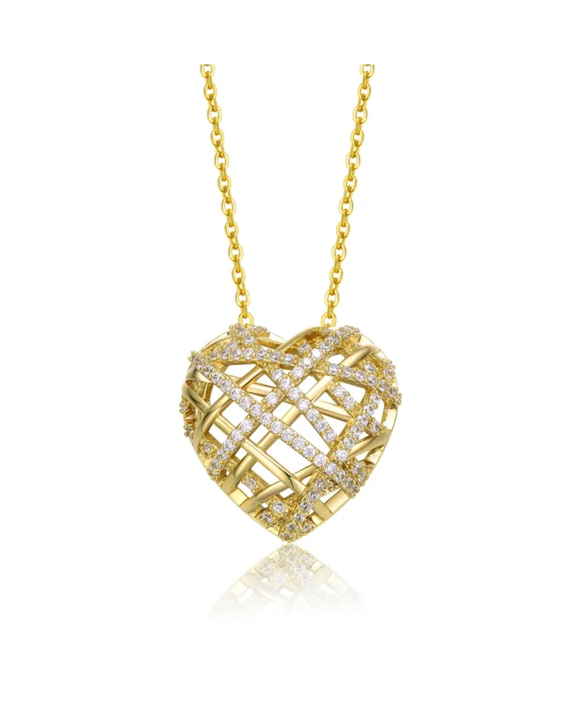 Genevive Sterling Silver 14k Yellow Gold Plated with Cubic Zirconia Knotted Ribbon 3D Puffed Heart Pendant Necklace