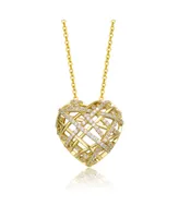 Genevive Sterling Silver 14k Yellow Gold Plated with Cubic Zirconia Knotted Ribbon 3D Puffed Heart Pendant Necklace