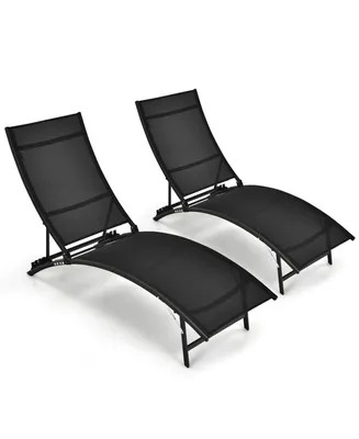 2 Pcs Patio Folding Chaise Lounge Chair Recliner Adjustable Stackable Deck