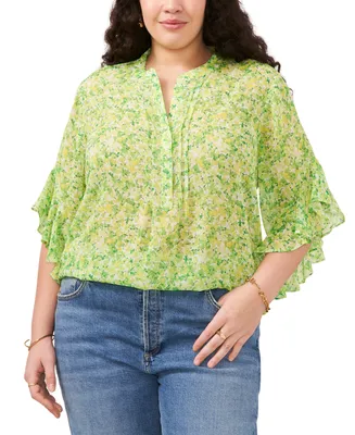 Vince Camuto Plus Size Floral-Print Ruffle-Sleeve Top