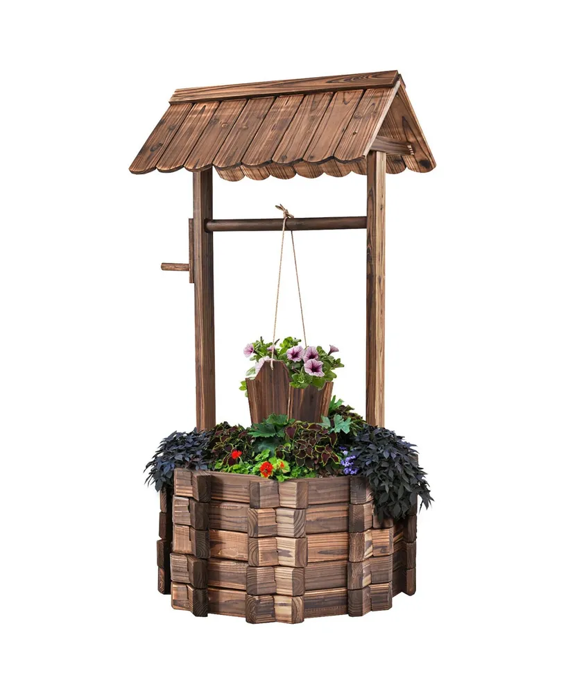 Costway Outdoor Wooden Wishing Well Bucket Flower Plants Planter Patio Garden Home Decor