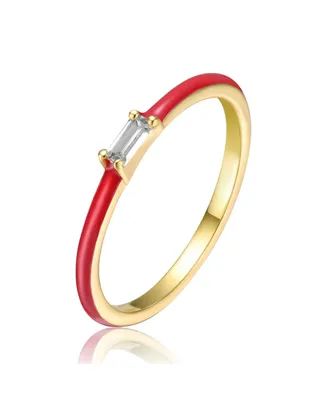 Rachel Glauber Ra Young Adults/Teens 14k Yellow Gold Plated with Cubic Zirconia Baguette Solitaire Magenta-Red Enamel Slim Stacking Ring