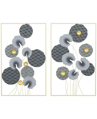 Homcom 3D Metal Wall Art Set of 2 Modern Lotus Leaves Hanging Wall Sculpture Home Decor for Living Room Bedroom Kitchen 20"x32"x2, Grey and Gold