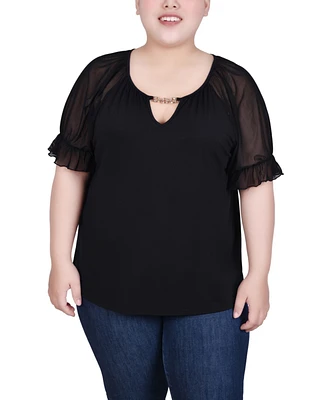 Ny Collection Plus Size Short Ruffle Sleeve Top with Rhinestones