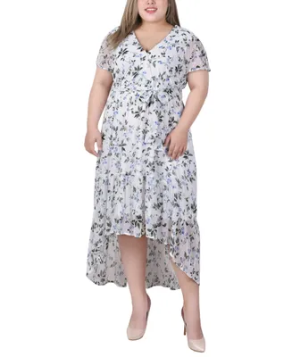 Ny Collection Plus Size Short Sleeve Handkerchief Hem Chiffon Dress