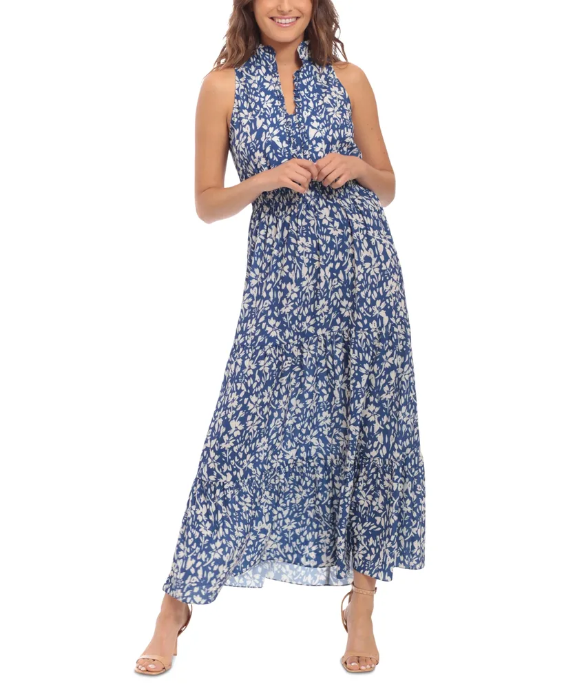 London Times Petite Floral Ruffled-Neck Maxi Dress