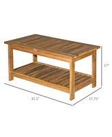 Outsunny 35.5" x 17.75" 2-Tier Acacia Wood Outdoor Table with Slat Design