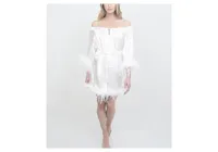 Women's Bridal Off-The-Shoulder Hair and Makeup Robe Feather Trim On The Sleeve Hem