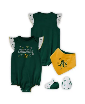 Girls Newborn and Infant Green Oakland Athletics 3-Piece Home Plate Bodysuit Bib Booties Set
