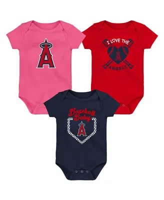 Infant Boys and Girls Red and Navy and Pink Los Angeles Angels Baseball Baby 3-Pack Bodysuit Set