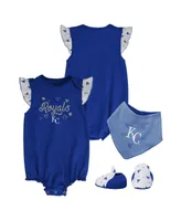 Girls Newborn and Infant Royal Kansas City Royals 3-Piece Home Plate Bodysuit Bib and Booties Set