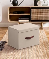 Foldable Linen XLarge Storage Bin with Leather Handles and Lid - Set of 3